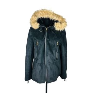 3515 Liz Claiborne Faux Suede Fur Lined Hooded Coat Jacket Zip Black Large